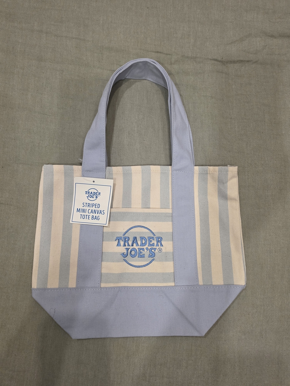 Trader Joe's Striped Mini Canvas Tote Bag Blue & White Like New